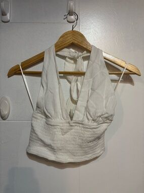 Garage White Halter Tie Smocked Crop Camisole